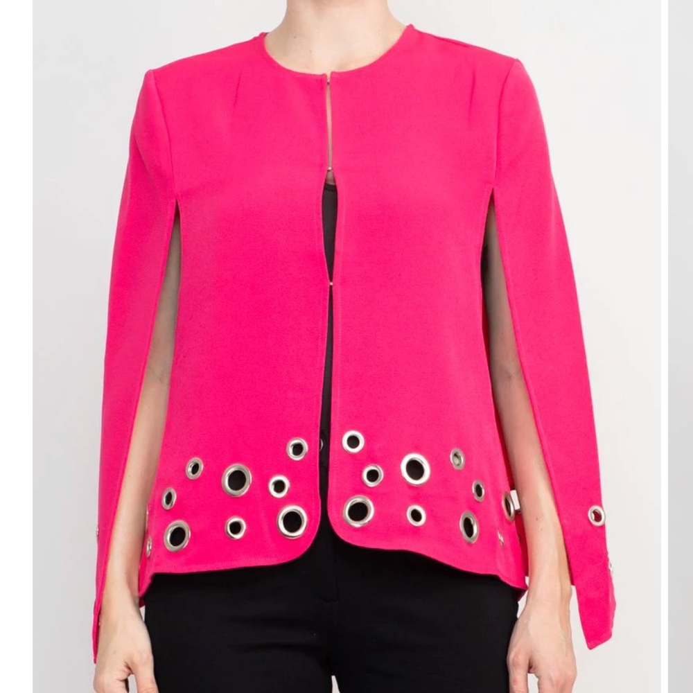 Alberto Makali Crew Neck Slit Cape Sleeve Solid Metal Eyelet Detail Scuba Jacket
